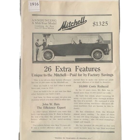 Vintage 1916 Mitchell Auto 26 Extra Features Ad Advertisement - Picture 2 of 4
